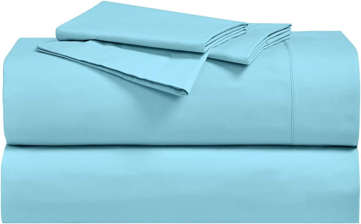 Solid 300-Thread-Count, 100-Percent Cotton Percale, Breathable Crispy Split-Top-California-King Sheets Set for Adjustable Beds, Aqua Sky
