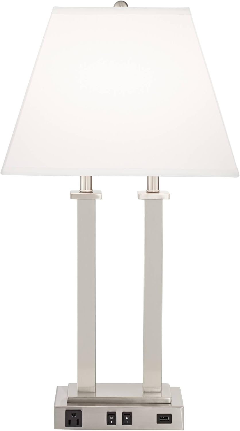 Possini Euro Design Amity Modern Table Lamp 26' High with USB and AC Power Outlet in Base Brushed Nickel White Linen Hardback Shade for Bedroom Living Room House Home Desk Bedside Nightstand Office