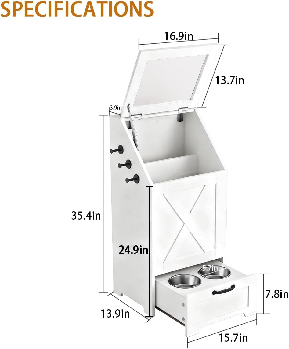Dog Feeding Station,Dog Food Storage Cabinet,Pet Feeding Station with 2 Elevated Bowls,Hidden Pet Feeder Station with Hooks,Flip Top Pet Storage Organizer for Water,Feeding (White)