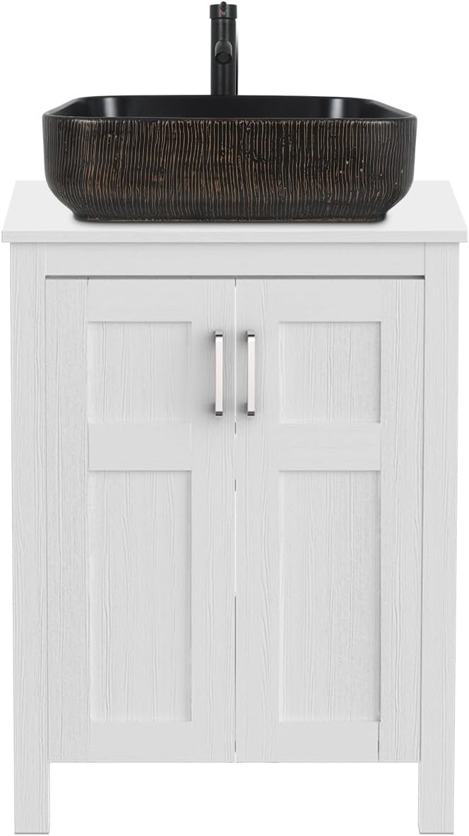 YOURLITE 24' Bathroom Vanity with Sink, White Bathroom Vanity and Sink Combo with Faucet & Pop Up Drain Set,Traditional Vanity with with Black & Gold Ceramic Sink