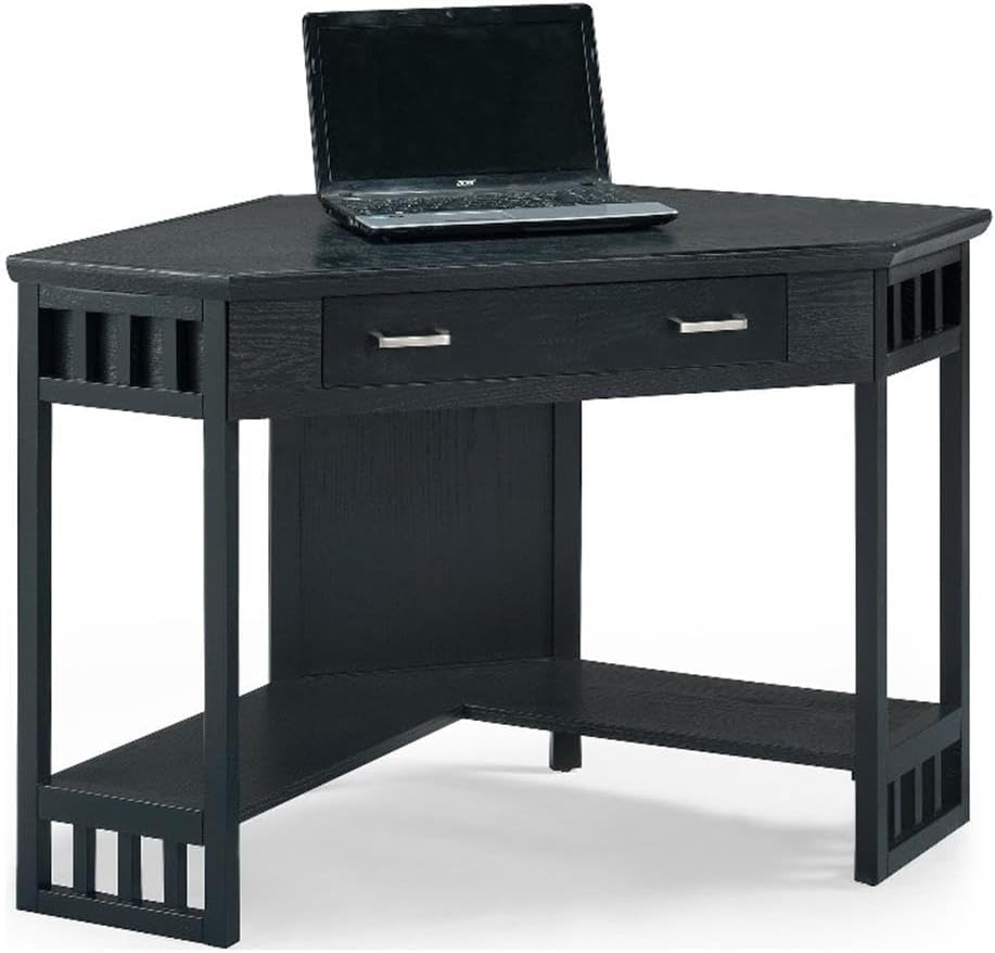 Leick Home 83430 Corner Computer/Writing Desk with Center Keyboard Drawer and Shelf, Black Oak