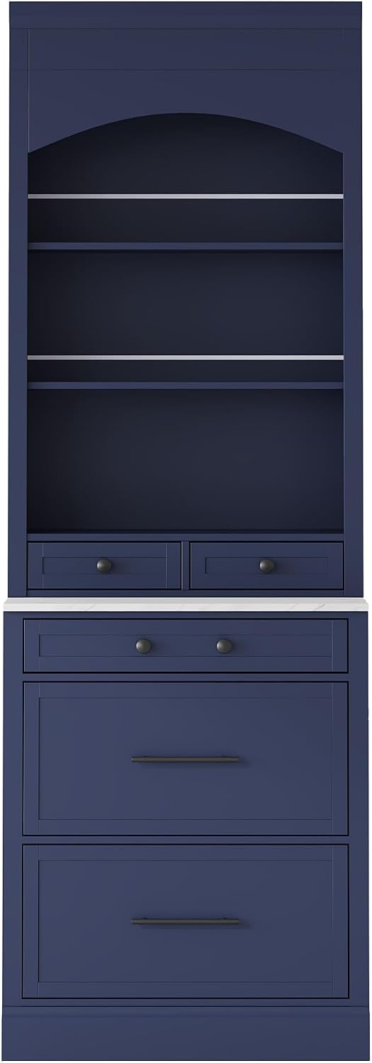 Modern 83.7inch High Kitchen Pantry, Freestanding Tall Kitchen Hutch with Faux Marble Top, Cupboard Cabinet with 5 Storage Drawers and Adjustable Shelf, Wood Storage Cabinet, Set of 2