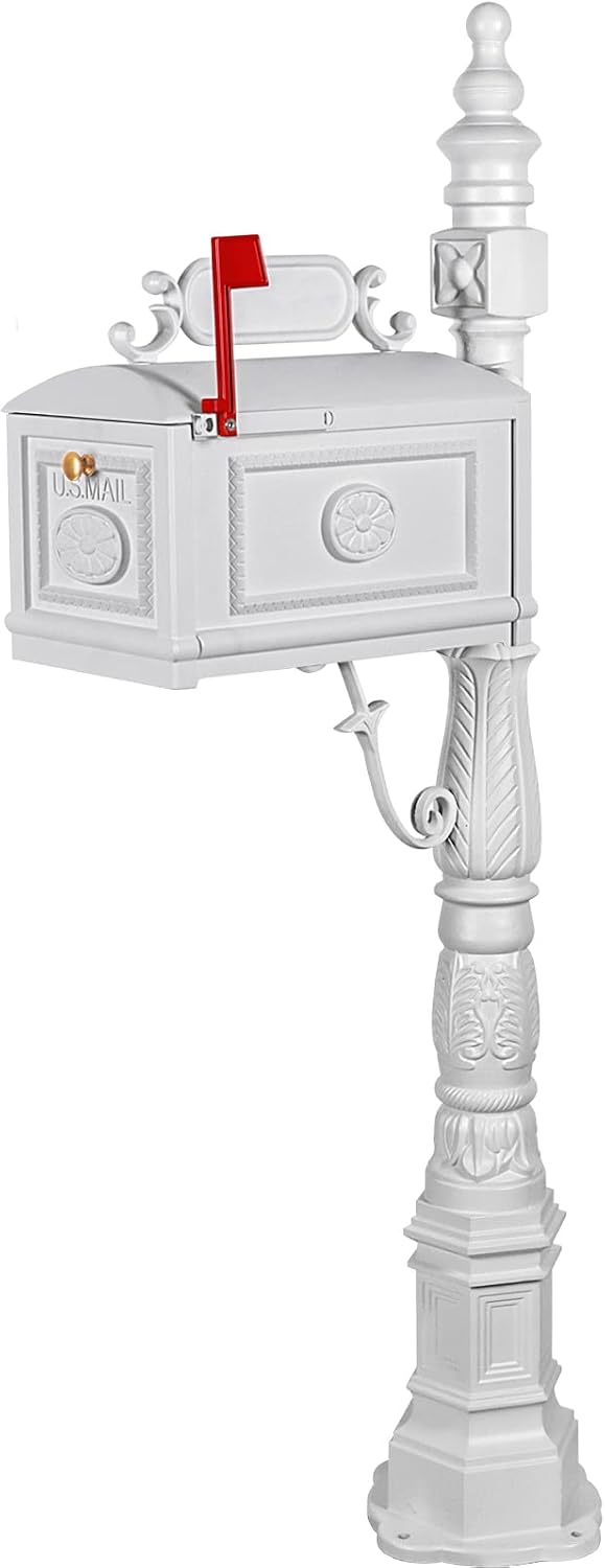 Polar Aurora Barcelona Decorative Post Mailbox Combination Stratford Heavy Duty Postal Mail Box Cast Aluminum(White)