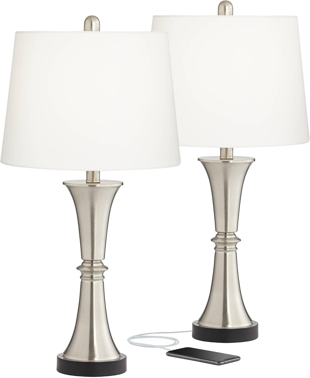 360 Lighting Seymore Modern Table Lamps 26' Tall Set of 2 with USB Charging Port Silver LED Touch On Off White Drum Shade for Bedroom Living Room House Home Desk Bedside Nightstand Office