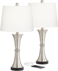 360 Lighting Seymore Modern Table Lamps 26' Tall Set of 2 with USB Charging Port Silver LED Touch On Off White Drum Shade for Bedroom Living Room House Home Desk Bedside Nightstand Office