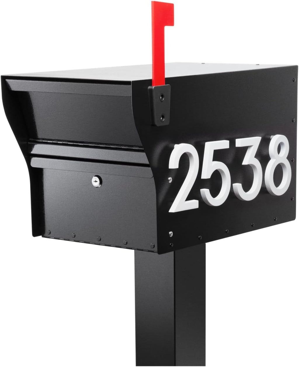Whitehall MailVault Streetside Locking Mailbox with Post, Personalize with Modern Stand-Off Address Numbers Package – Steel, Secure Weather Resistant Modern Square Mailbox (Black/White)