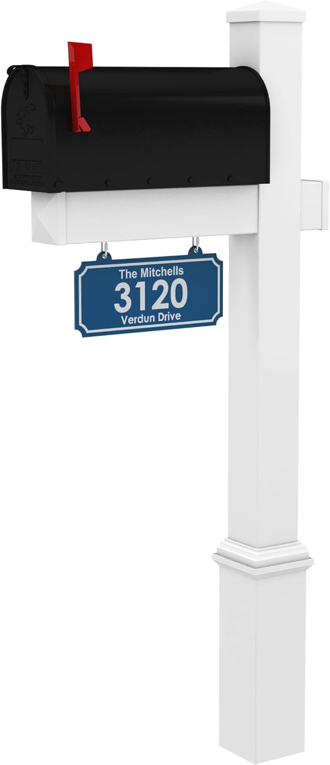 4Ever Products The Rockport Vinyl Mailbox Post System - Includes Black Steel Mailbox and Custom Street Address (Blue)