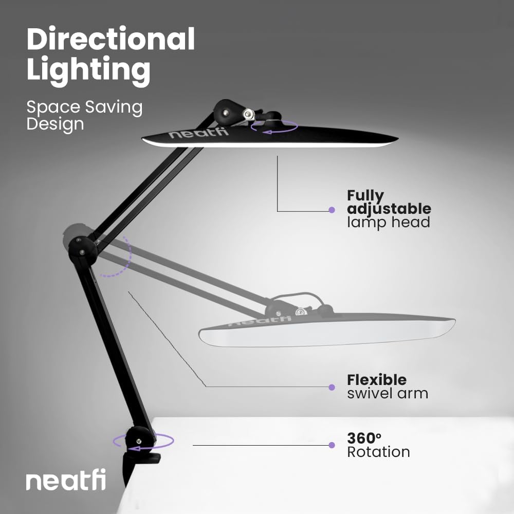 Neatfi XL 2200 Lumens 20W LED Desk Lamp with Clamp – Adjustable Color Temperature | 4-Level Dimmable Light | Home Office, Crafts & Workbench | 20-Inch Wide Head (Black, CCT with Clamp)