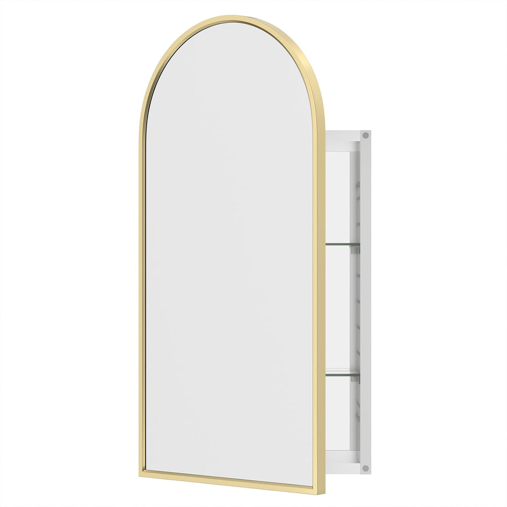 WallBeyond Bathroom Medicine Cabinet with Mirror, 17x34 Inch Gold Recessed Medicine Cabinet with Arch Aluminum Alloy Metal Framed, Single Door Modern Medicine Cabinet with Storage