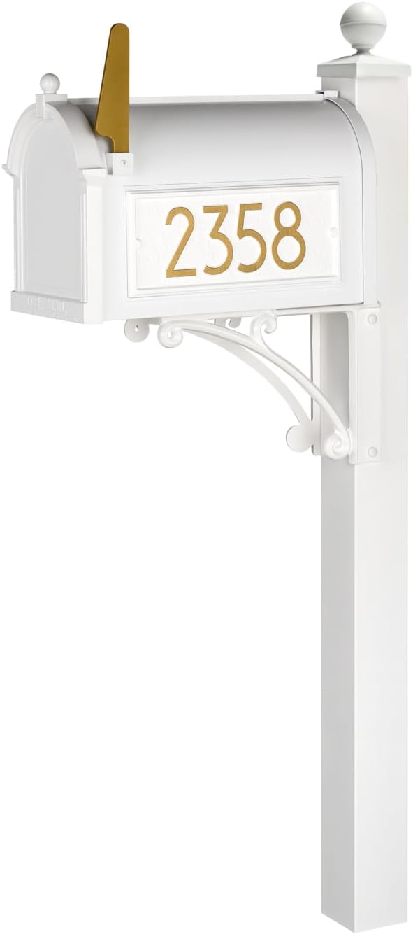 Whitehall Custom Extra Large Mailbox, Capitol Model with Modern Style Address Plaques and Post Package, Sand Cast Aluminum, White Personalized in Goldtone