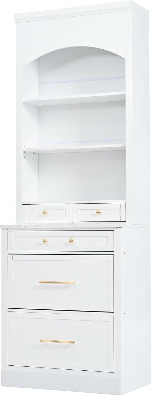 Modern 83.7inch High Kitchen Pantry, Freestanding Tall Kitchen Hutch with Faux Marble Top, Cupboard Cabinet with 5 Storage Drawers and Adjustable Shelf, Wood Storage Cabinet, Set of 2 (White-3)