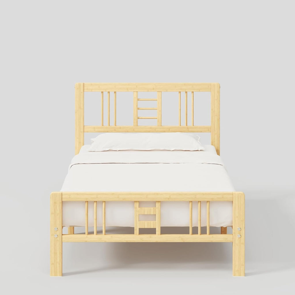 10 Inch High Bamboo Twin Bed Frame with Headboard and Footboard, Wood Bed Frame Twin Metal Slat Support Heavy Duty, No Box Spring Needed, Easy Assembly, Noise Free, Reinforced