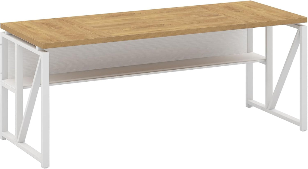 Tribesigns 63 inches Computer Desk with Bottom Storage Shelf Home Office Desk Writing Table for Workstation, Dark Walnut + Steel Leg, Cabinet not Included (Light Oak, 63-inch-with Shelf)