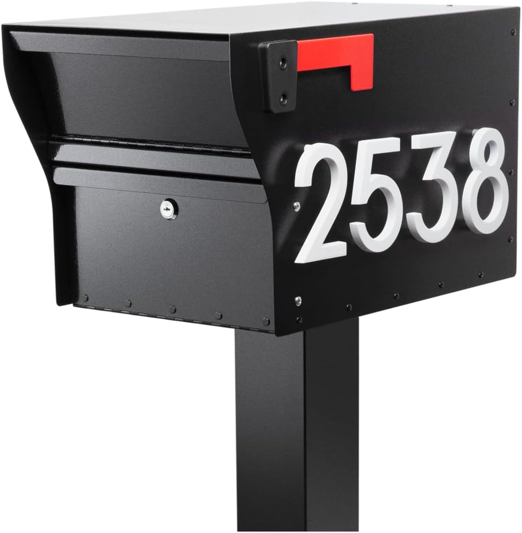 Whitehall MailVault Streetside Locking Mailbox with Post, Personalize with Modern Stand-Off Address Numbers Package – Steel, Secure Weather Resistant Modern Square Mailbox (Black/White)