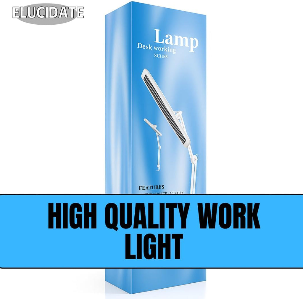 ELUCIDATE 24' (61 cm) White Clamp-On Fluorescent Desk Lamp with Spring-Action Arm | Energy-Saving | Wide Coverage |