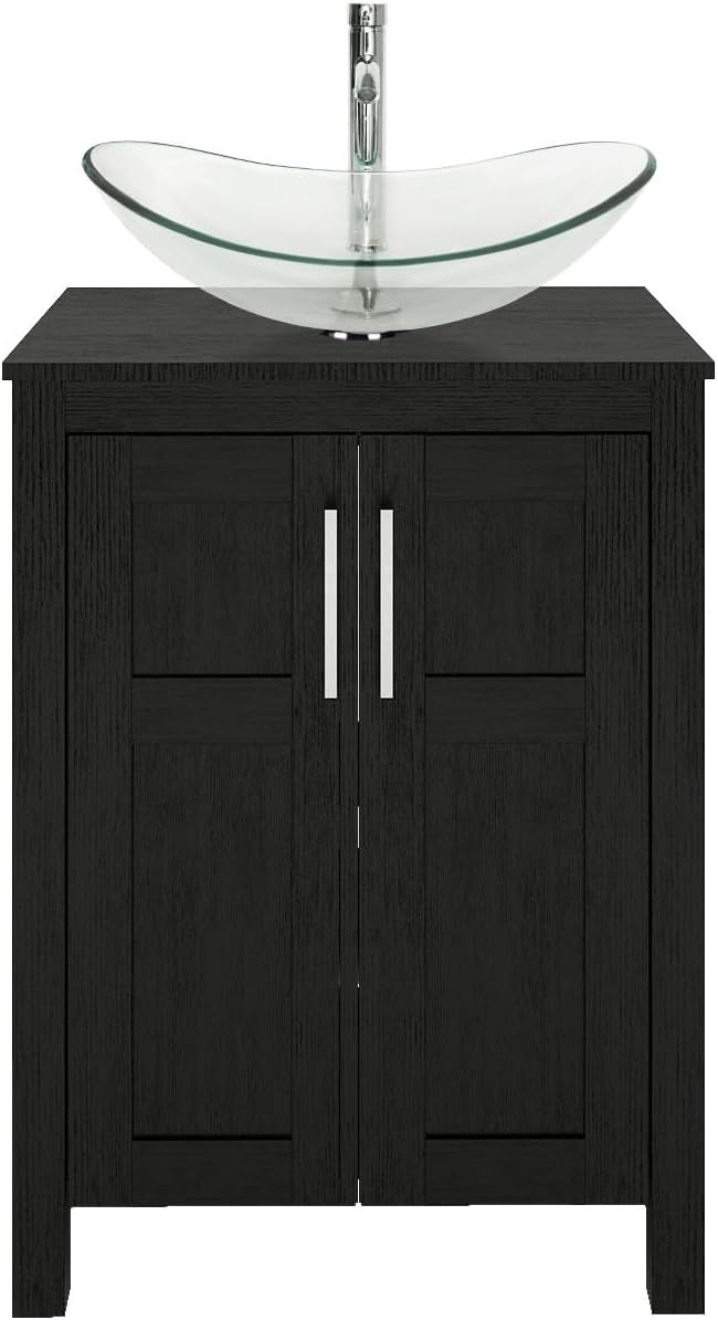 YOURLITE 24 Inches Traditional Bathroom Vanity Set with Single Faucet Hole, Clear Boat Glass Sink, Black Finish, 2-Door Cabinet