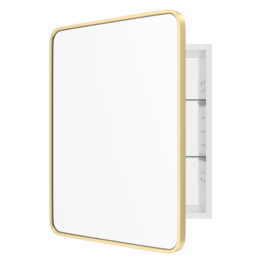 WallBeyond Bathroom Medicine Cabinet with Mirror, 22x28 Inch Gold Recessed Medicine Cabinet with Round Corner Aluminum Alloy Metal Framed, Single Door Cabinet Medicine with Storage