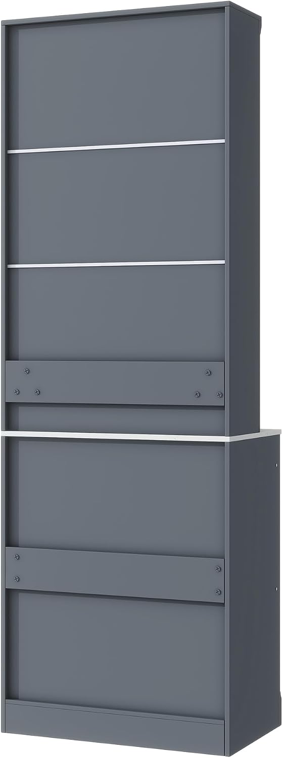 Modern 83.7inch High Kitchen Pantry, Freestanding Tall Kitchen Hutch with Faux Marble Top, Cupboard Cabinet with 5 Storage Drawers and Adjustable Shelf, Wood Storage Cabinet, Set of 2 (Gray-3)
