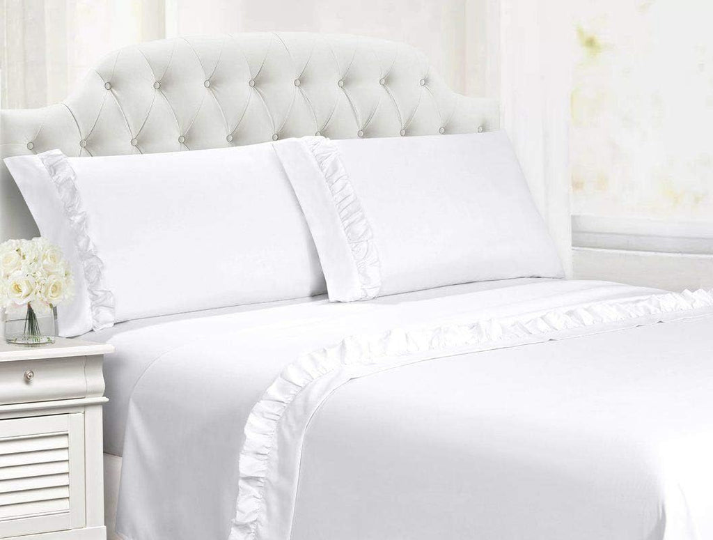 Shabby Chic Ruffle Sheets Set Queen Size, 6-Piece French Country Bedding 100% Egyptian Cotton Vintage Bed Sheet Set 15 Inch Deep Pockets Ruffled Bed Sheets White Solid
