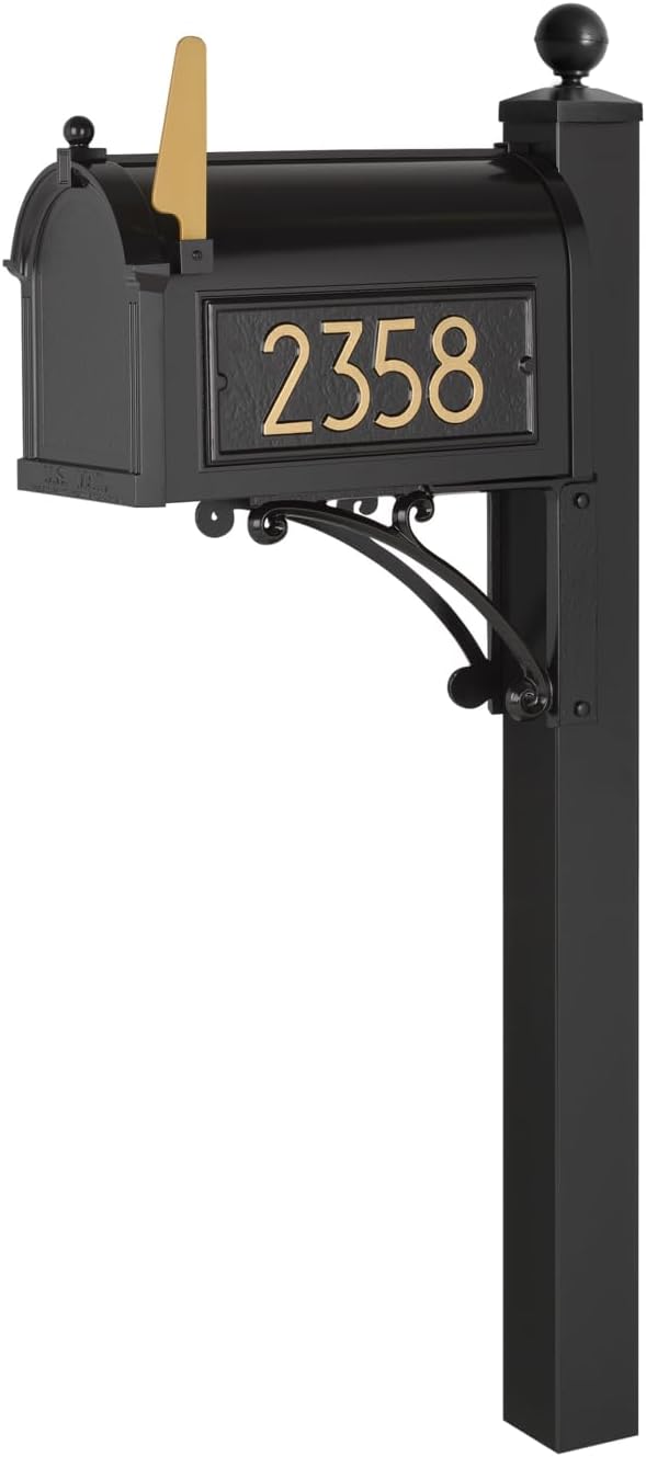 Whitehall Custom Extra Large Mailbox, Capitol Model with Modern Style Address Plaques and Post Package, Sand Cast Aluminum, Black Personalized in Goldtone