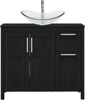 YOURLITE 36 Inches Traditional Bathroom Vanity Set with Single Faucet Hole, Clear Boat Glass Sink, Black Finish, 2-Door Cabinet