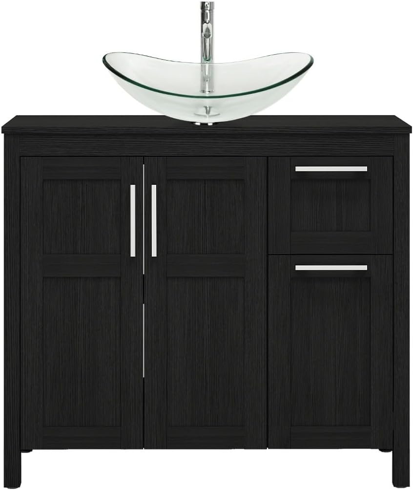 YOURLITE 36 Inches Traditional Bathroom Vanity Set with Single Faucet Hole, Clear Boat Glass Sink, Black Finish, 2-Door Cabinet