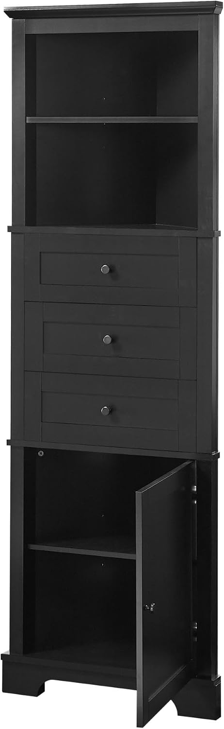 Bellemave Triangle Corner Cabinet, Tall Storage with 3 Drawers & Adjustable Shelves, for Bathroom Kitchen Living Room,MDF Board with Black Painted Finish,68.90' H