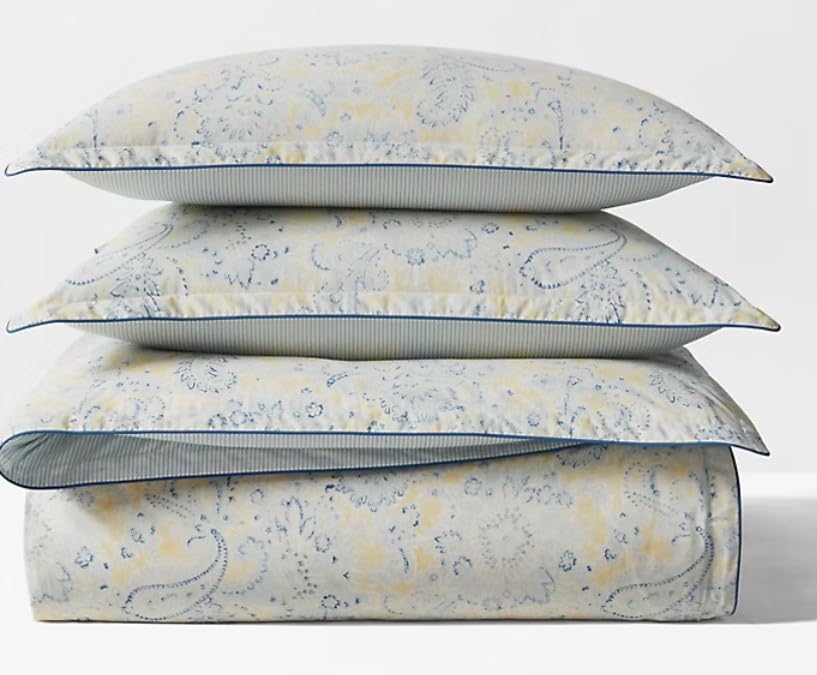 Lauren Ralph Lauren Marisa Full Queen 3 pc Comforter Set Shams Paisley Print Yellow, Blues on White Ground. Reverses to Blue Stripe.