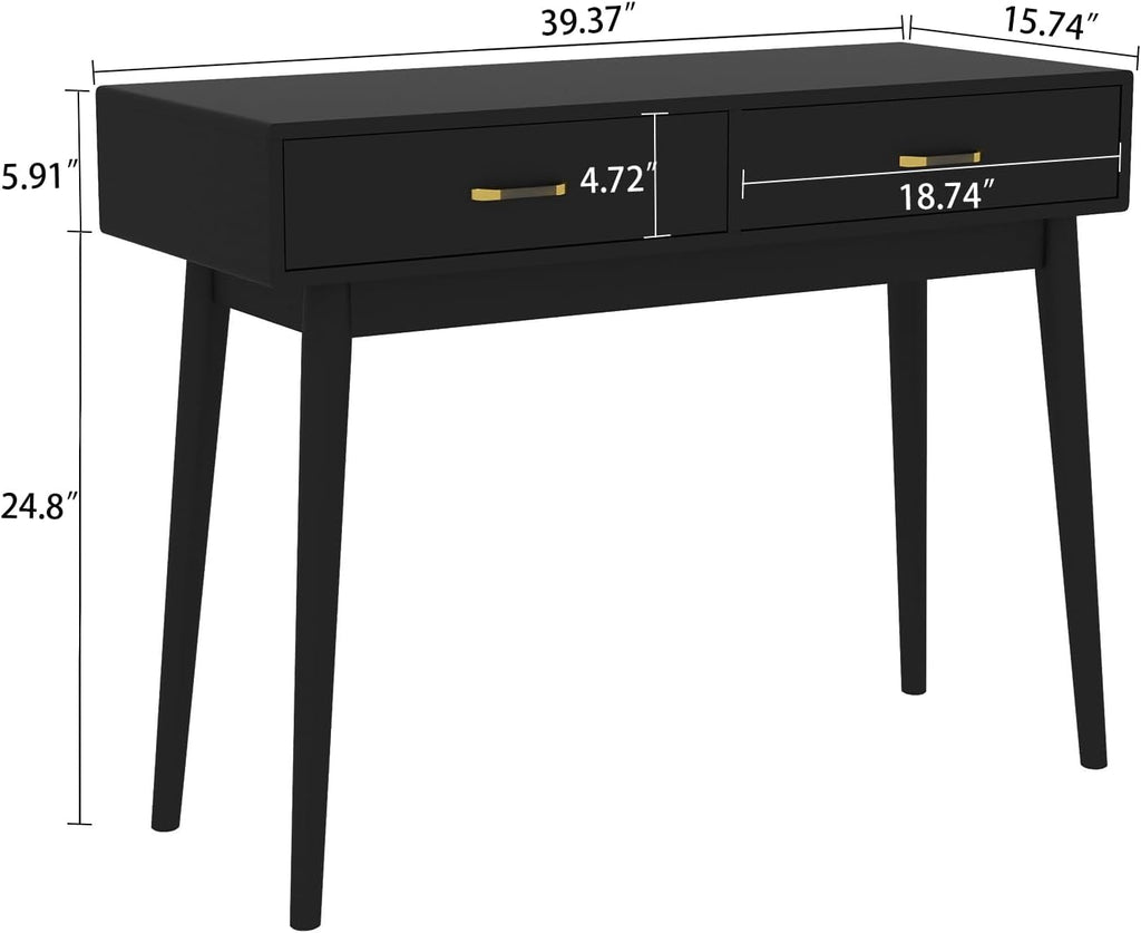 FUNKOCO Small Black Desk with Drawers - 40 Inch Home Office Study Writing Desk for Bedroom, Vanity Desk with 4 Solid Legs, Modern Computer Desk for Small Spaces (Balck)