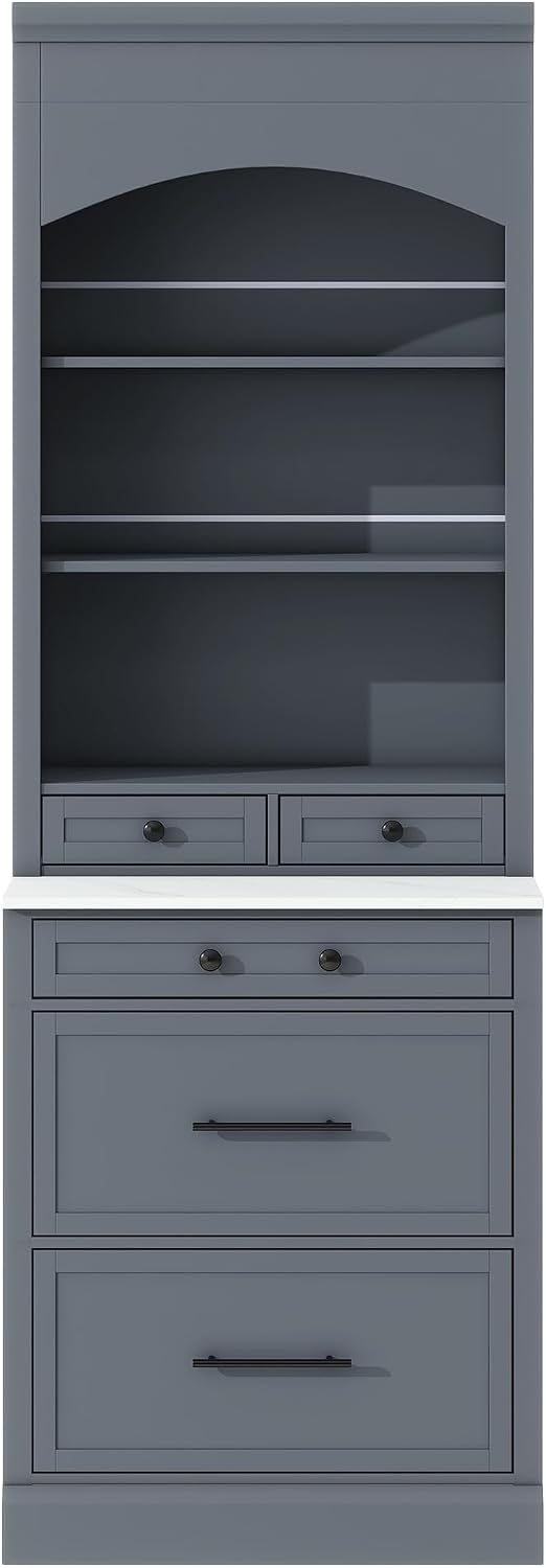 Modern 83.7inch High Kitchen Pantry, Freestanding Tall Kitchen Hutch with Faux Marble Top, Cupboard Cabinet with 5 Storage Drawers and Adjustable Shelf (Gray-4)