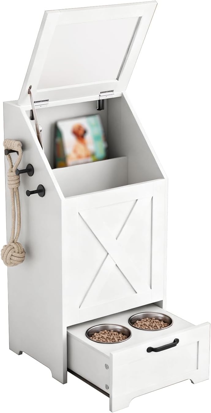 Dog Feeding Station,Dog Food Storage Cabinet,Pet Feeding Station with 2 Elevated Bowls,Hidden Pet Feeder Station with Hooks,Flip Top Pet Storage Organizer for Water,Feeding (White)