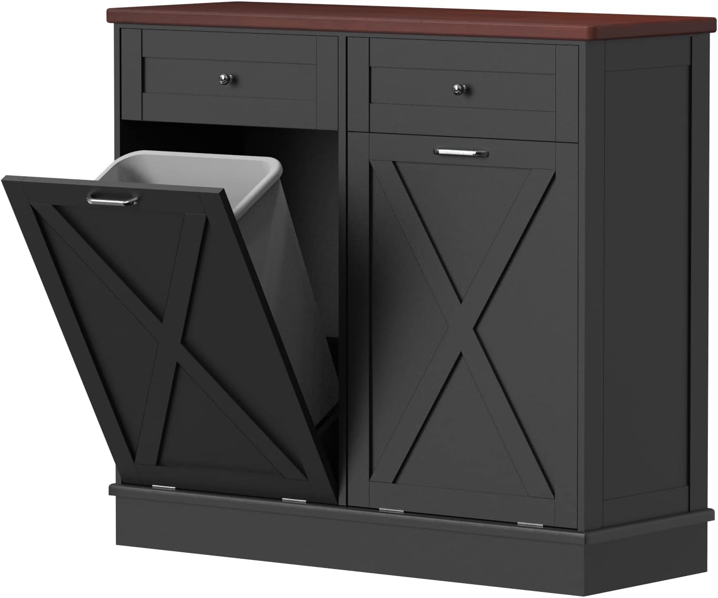 TOLEAD Double Tilt Out Trash Cabinet Free Standing 10 Gallon Recycling Trash Can Cabinet with Barn Door for Farmhouse Kitchen,Living Room, Dining Room, Black