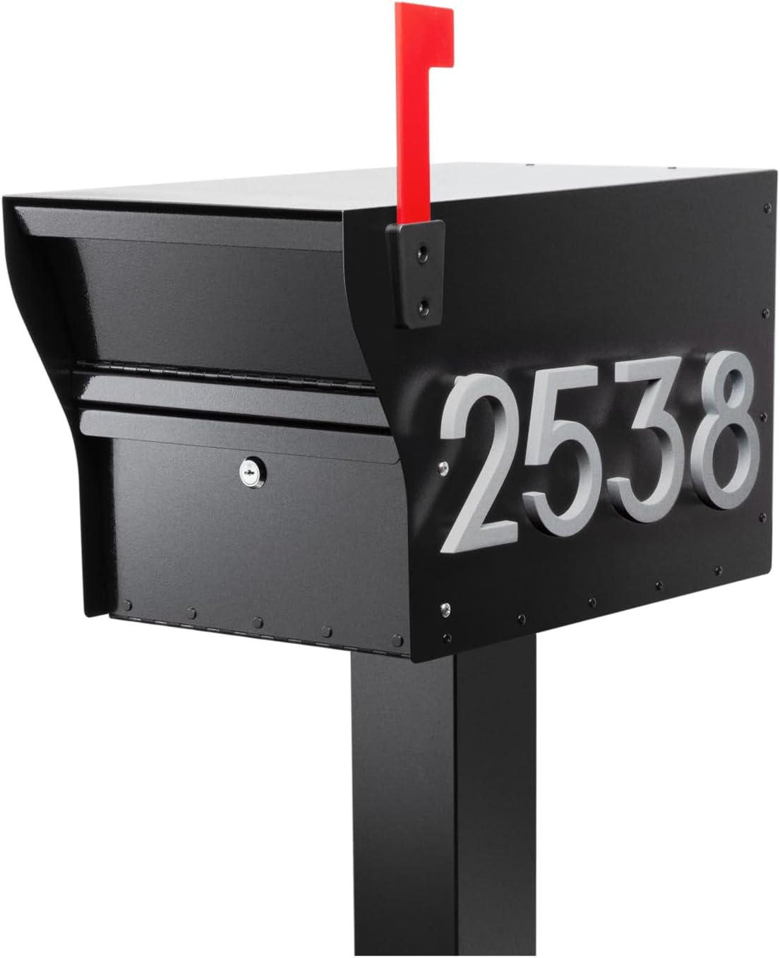 Whitehall MailVault Streetside Locking Mailbox with Post, Personalize with Modern Stand-Off Address Numbers Package – Steel, Secure Weather Resistant Modern Square Mailbox (Black/Silver)