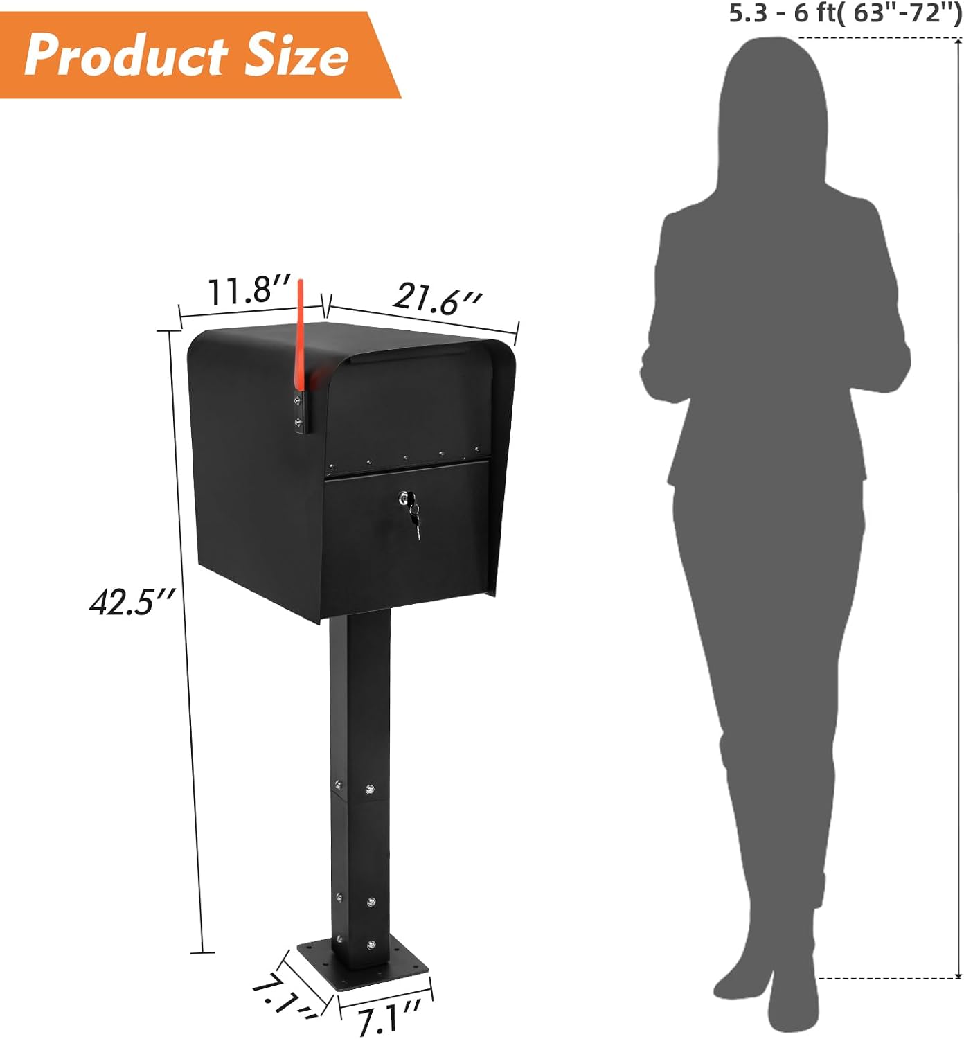 Extra Large Locking Mailbox with Post for Outside, Heavy Duty Base Plate Included, 21.6' x 11.8' x 16.5' XL Metal Mailbox and Post Combo, Weather-Resistant, Easy Assembly, Black