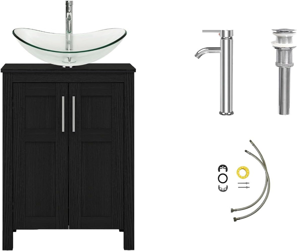 YOURLITE 24 Inches Traditional Bathroom Vanity Set with Single Faucet Hole, Clear Boat Glass Sink, Black Finish, 2-Door Cabinet