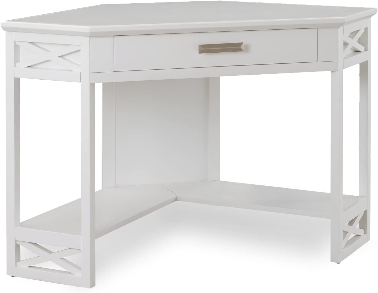 Leick Home Sage Corner Office Desk, Solid Wood, with Drop Front Keyboard Drawer, White, 85430