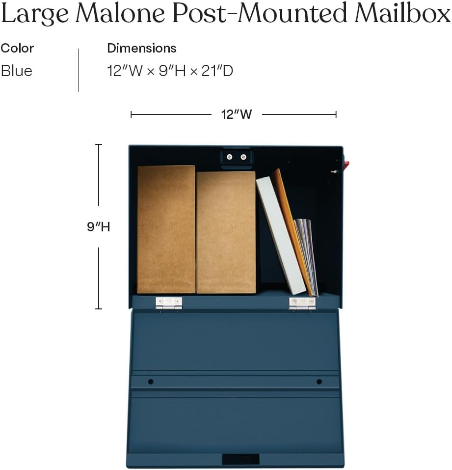 post & porch Malone Mailbox | Post Mounted Mailbox | Black/White/Gray/Brown/Red/Blue/Green, Regular or Large, Weatherproof Mail Box for Outside, Customizable (Blue, Large)