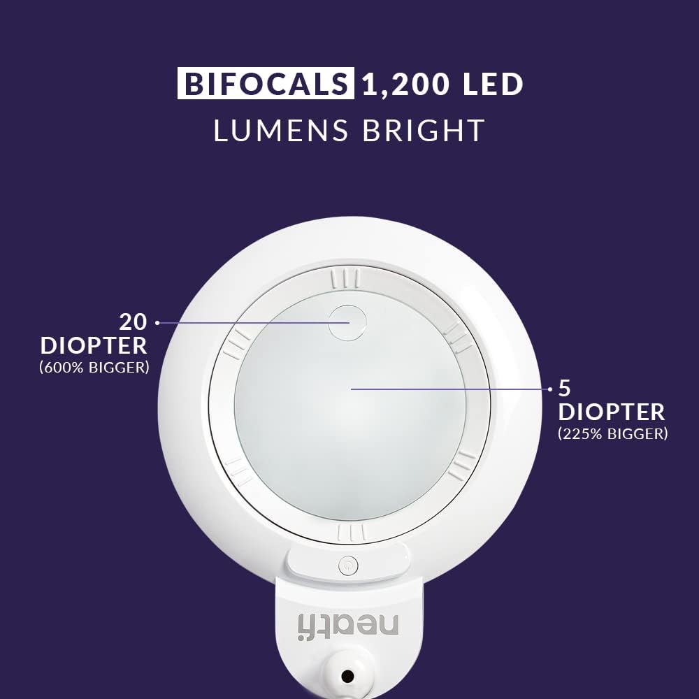 Neatfi XL Bifocals 1,200 Lumens LED Magnifying Lamp with Clamp, 3 Light Modes, Correlated Color Temperature Control (3000K-4500K-6000K), 12W, 120 Pcs SMD LED (White, 6 Inch Lens)