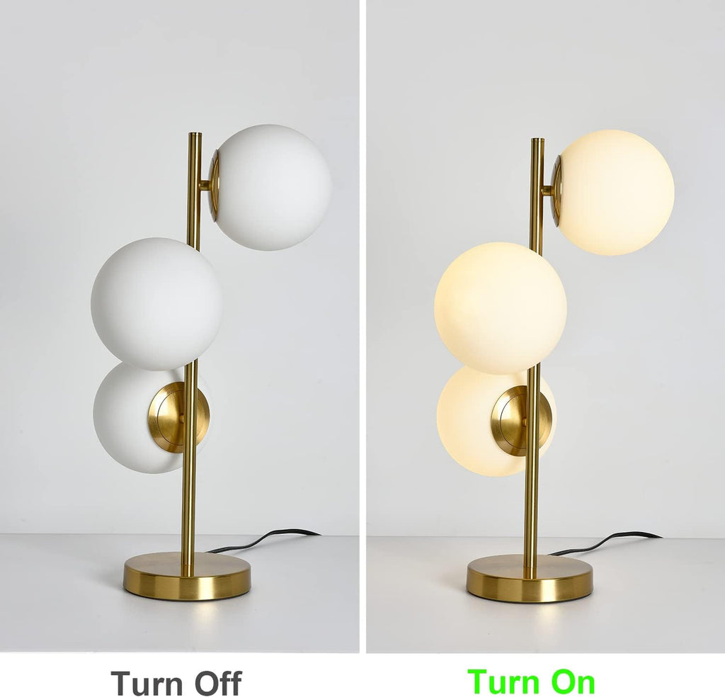 Modern Gold Globe Table Lamp, Mid-Century 3-Light Desk Lamp with 5.9' Frosted Milk Glass Shade, Brass Metal Base Bedside Nightstand Lamp for Bedroom, Living Room, Office