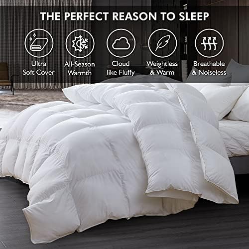 Luxurious King/California King Size Goose Down Fiber Waterfowl Feather Fiber Comforter Duvet, 100% Cotton Cover, 58 oz. Fill Weight, Baffle Box Design, White Solid