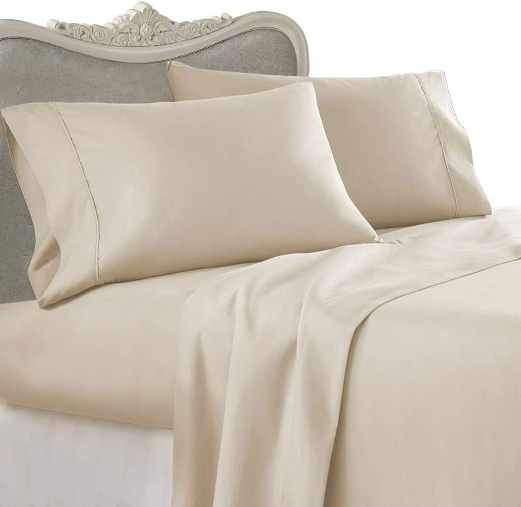 4 Piece Luxurious 1500 Thread Count Queen Size Siberian Goose Down Comforter Set 100% Egyptian Cotton, Beige Solid Color, 1500 TC - 750FP - 50Oz.
