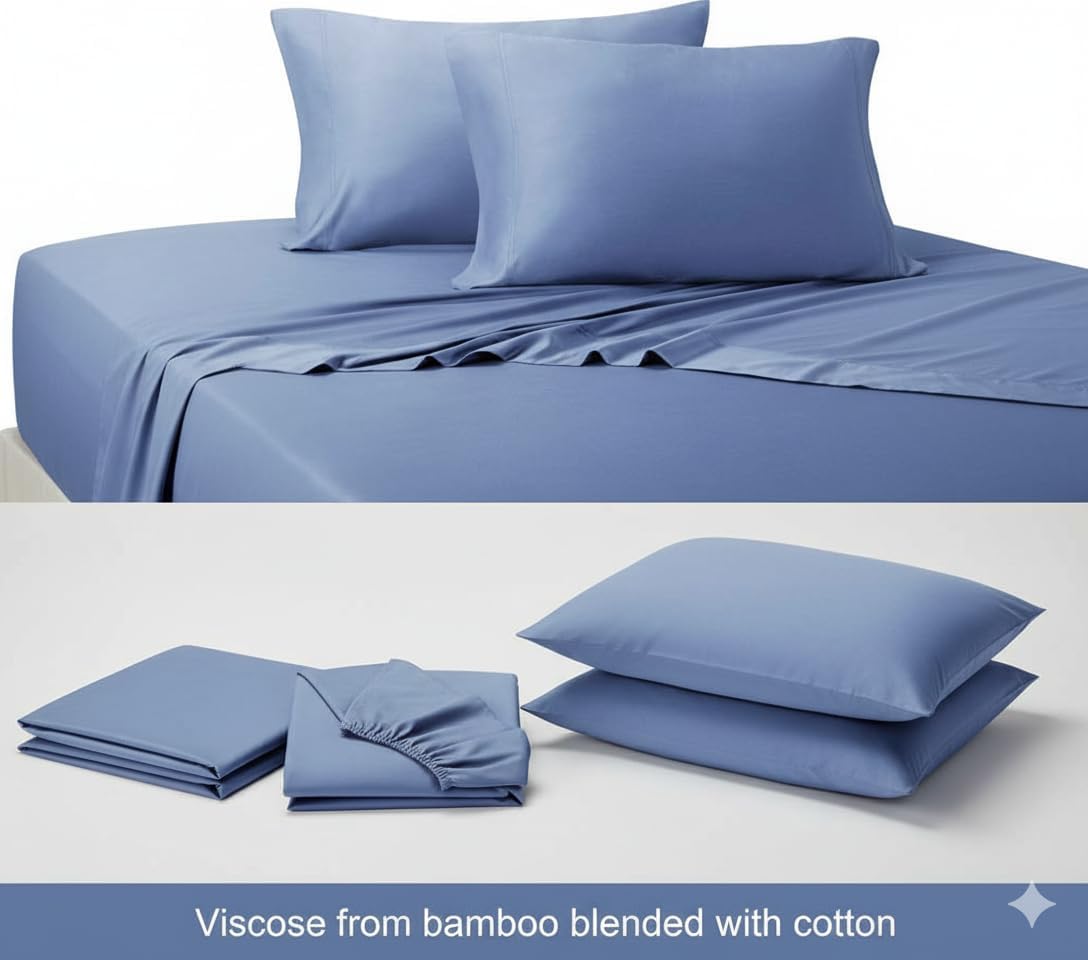 sheetsnthings Silky-Soft Viscose from Bamboo-Cotton Hybrid, Split-King 5PC Sheets Set for Adjustable Beds, Periwinkle