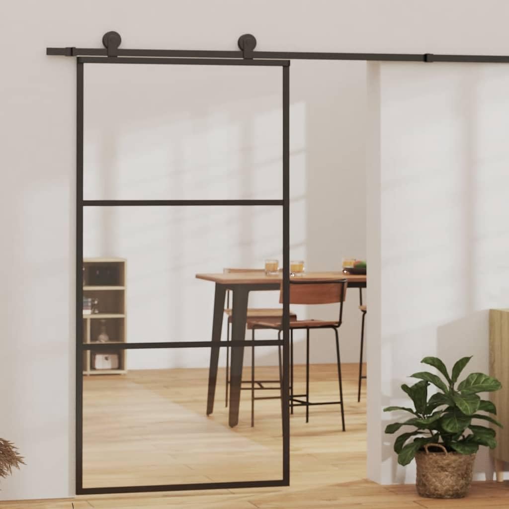 vidaXL Glass Door, Aluminum Frame Sliding Barn Door, Interior Door for Closet Kitchen, Sliding Door System, ESG Glass and Aluminum Black