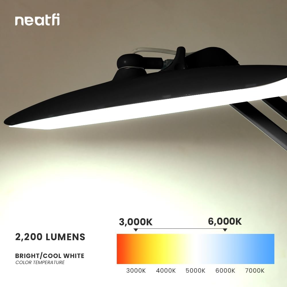 Neatfi XL 2200 Lumens 20W LED Desk Lamp with Clamp – Adjustable Color Temperature | 4-Level Dimmable Light | Home Office, Crafts & Workbench | 20-Inch Wide Head (Black, CCT with Clamp)