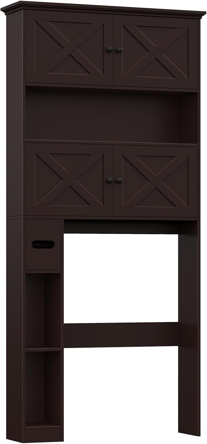 Halitaa Over The Toilet Storage Cabinet, Farmhouse Storage Cabinet Over Toilet with 4 Barn Doors & Toilet Paper Holder Stand, Espresso Toilet Shelf Home Space Saver for Restroom, Bathroom, Laundry