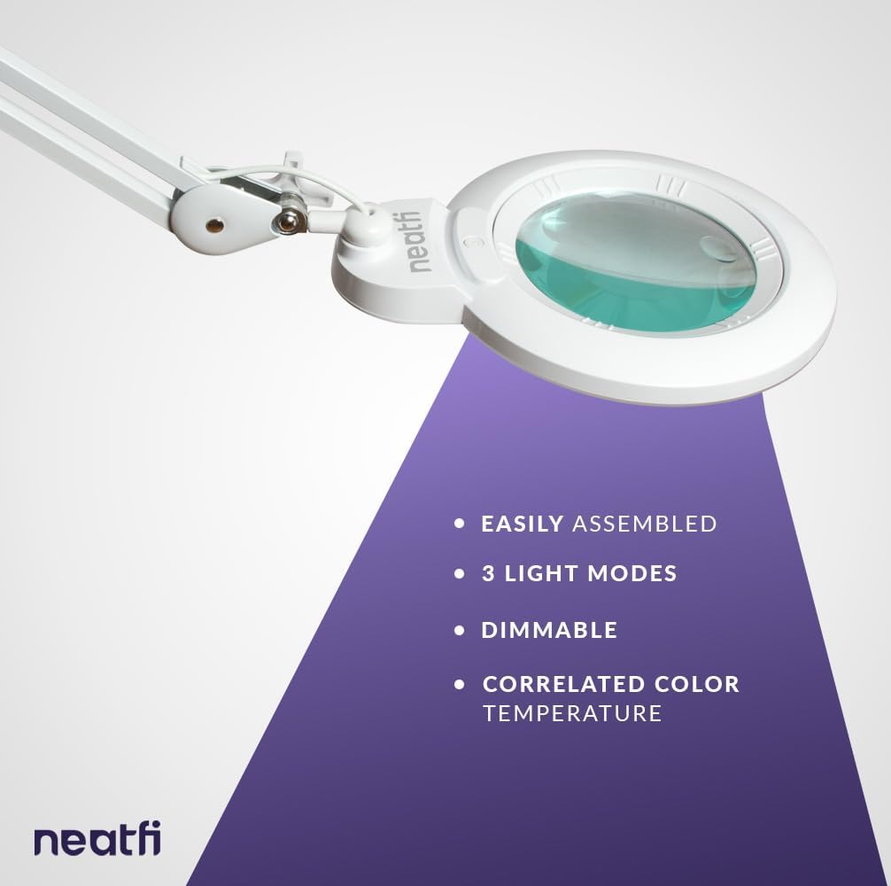 Neatfi XL Bifocals 1,200 Lumens LED Magnifying Lamp with Clamp, 3 Light Modes, Correlated Color Temperature Control (3000K-4500K-6000K), 12W, 120 Pcs SMD LED (White, 6 Inch Lens)