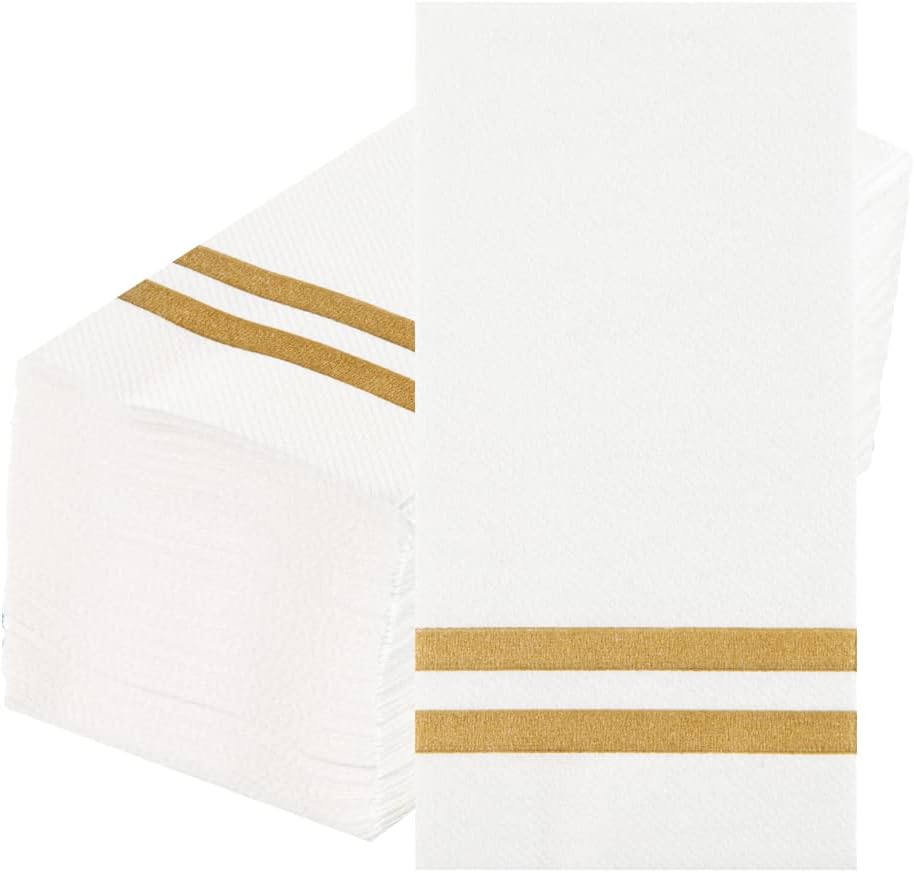 Luxenap 15.8 X 7.9 Inch Linen-Feel Guest Towels, 2000 Gold Striped Hand Towels - ¼ Fold, airlaid, White Paper Dinner Napkins, Disposable, For Restrooms, Kitchens, And Tables - Restaurantware