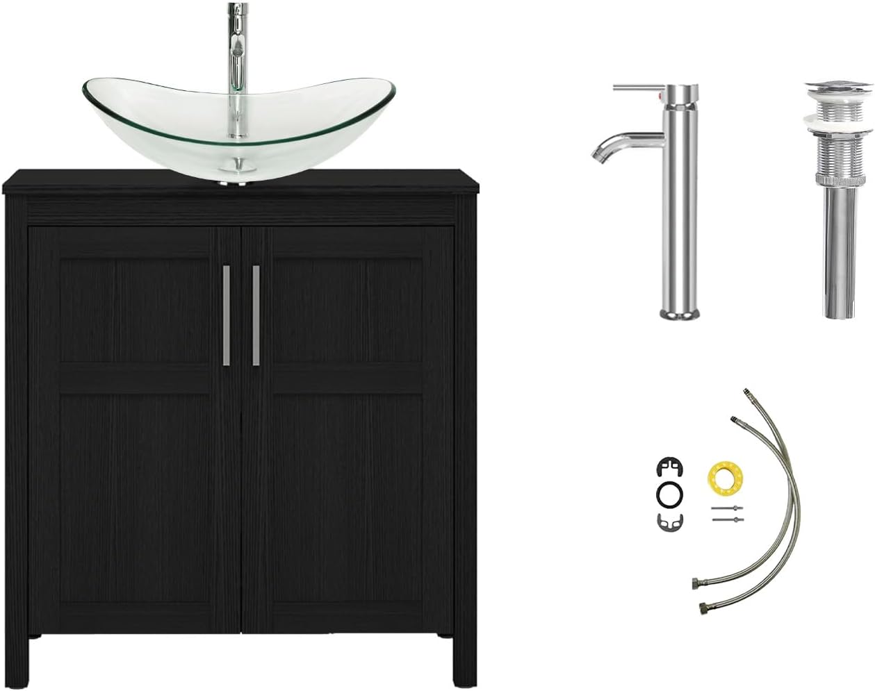 YOURLITE 30 Inches Traditional Bathroom Vanity Set with Single Faucet Hole, Clear Boat Glass Sink, Black Finish, 2-Door Cabinet