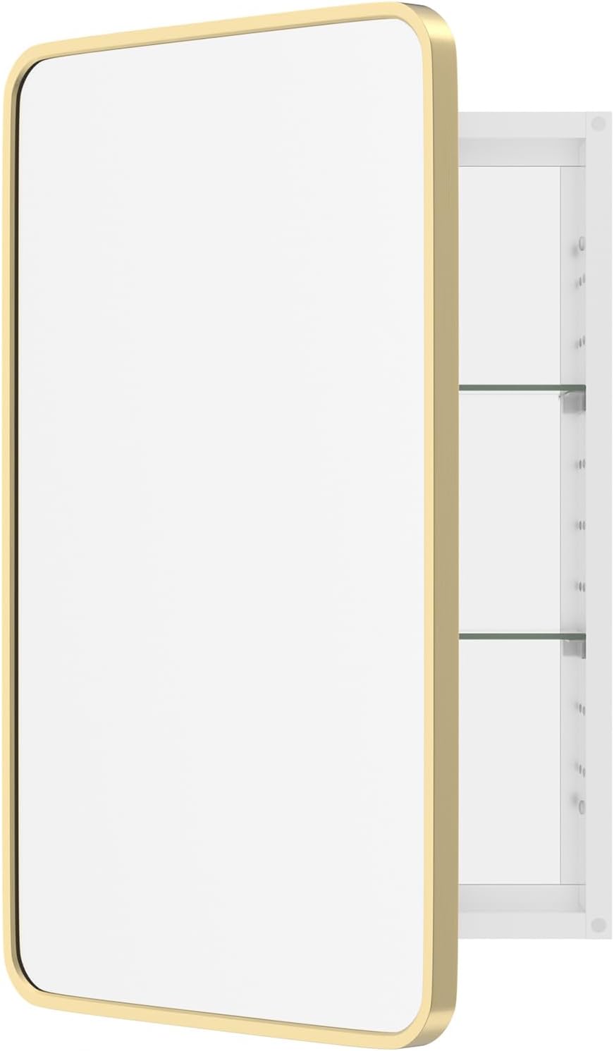 WallBeyond WallByond Bathroom Medicine Cabinet with Mirror, 19x30 Inch Gold Recessed Medicine Cabinet with Round Corner Aluminum Alloy Metal Framed, Single Door Modern MedicineMabinet with Storage