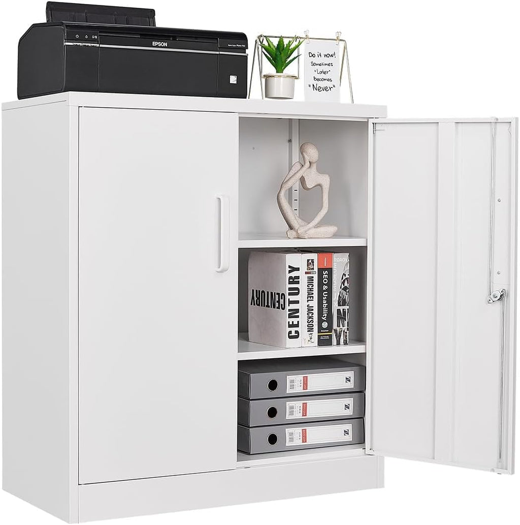 Metal Storage Cabinets with Locking Doors, 36 inch Lockable Steel Office Cabinet with Adjustable Shelves, Small Short Garage Caninet, White Locked Tool Caninets for Home, Office, Garage, Hallway